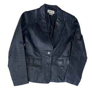 Vintage 80s Bagatelle Leather Blazer Coat Jacket 4 Petite Black Single Breasted